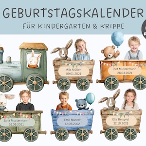 May include: A watercolour illustration of a birthday calendar, depicting a train with carriages. Each carriage displays a child's name and birthdate. The text at the top reads "GEBURTSTAGSKALENDER" and "FÜR KINDERGARTEN & KRIPPE".
