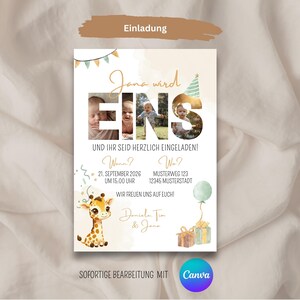 Może przedstawiać: Spersonalizowane zaproszenie z tekstem "Jana wird Eins" i "Und Ihr seid herzlich eingeladen!" zawiera ilustrację żyrafy, dekoracje imprezowe i logo Canva. Zaproszenie zawiera szczeg&oacute;ły wydarzenia.