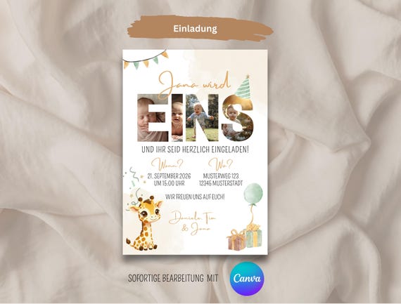 Einladung zum Kindergeburtstag EINS, Geburtstagseinladung Kinder, Einladung erster Geburtstag, Einladungskarte A5 zum Ausdrucken