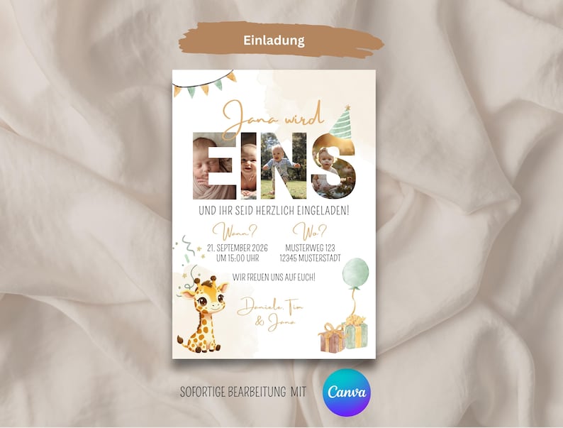 Może przedstawiać: Spersonalizowane zaproszenie z tekstem "Jana wird Eins" i "Und Ihr seid herzlich eingeladen!" zawiera ilustrację żyrafy, dekoracje imprezowe i logo Canva. Zaproszenie zawiera szczeg&oacute;ły wydarzenia.
