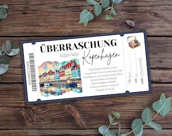 Printable Copenhagen travel voucher, short break voucher, Denmark holiday gift voucher, holiday voucher, Copenhagen city break
