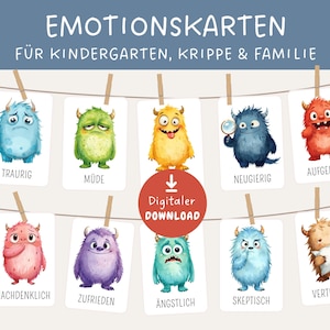 May include: A set of emotion flashcards featuring colorful cartoon monsters, each representing a different feeling. The cards are strung on a line with the German words for each emotion displayed below the monster. The text "Digital Download" is also visible.