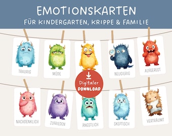 Monster emotiekaarten voor kinderen, Montessori leerkaarten, emotiekaarten, emoties begrijpen en herkennen, gevoelens voor kinderen, digitale download