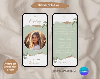 Digital invitation to First Communion, animated eCard, WhatsApp invitation card, Confirmation, blessing, First Communion, Confirmation, green leaves