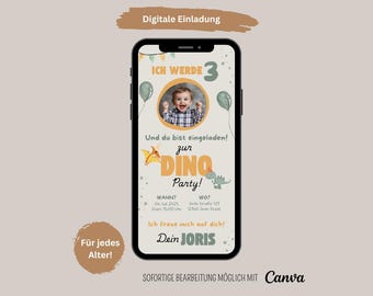 Digital invitation to a children's birthday party with a dinosaur theme, eCard birthday invitation with dinosaur design, birthday invitation with photo, invitation via WhatsApp