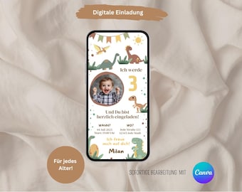 Digitale Einladung zum Kindergeburtstag Dino, eCard Geburtstagseinladung Kinder, Einladung Geburtstag mit Foto, Einladungskarte WhatsApp