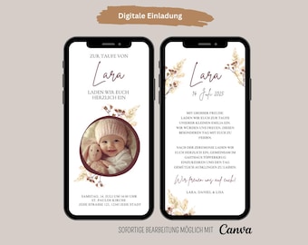 May include: Two smartphones displaying a digital invitation for a baptism. The invitation features the name "Lara", a baby's photo, and event details. The text "Digitale Einladung" is at the top, and "SOFORTIGE BEARBEITUNG MÖGLICH MIT Canva" is at the bottom.
