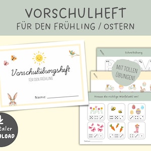 Könnte beinhalten: Eine Sammlung von ausdruckbaren Vorschul-Arbeitsblättern zum Thema Frühling und Ostern. Das Hauptarbeitsblatt zeigt eine Sonne, Schmetterlinge und ein Kaninchen. Weitere Blätter enthalten Schreib- und Zählübungen. Das Wort "Digitaler Download" ist ebenfalls sichtbar.