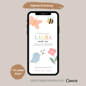 Digital invitation children&#39;s birthday - butterfly, animated eCard, invitation card WhatsApp, birthday invitation girl
