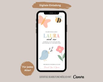 May include: A digital invitation for a birthday party. The invitation is for a girl named Laura who is turning four. The invitation features a blue bird, a pink flower, a butterfly, and a bee. The text on the invitation says "DU BIST EINGELADEN! LAURA wird vier SAMSTAG, 14. JULI UM 14:00 UHR JEDE STRASSE 121, 12345 JEDE STADT"