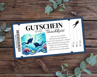 Diving course voucher - printable, diving gift voucher, ticket, customizable, last minute gift, dive in, available immediately