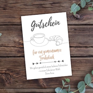 Gutschein zum Ausdrucken, frühstücken gehen, Frühstück, Brunchen gehen, PDF Download, Editierbar, Personalisierbar, Last Minute Geschenk