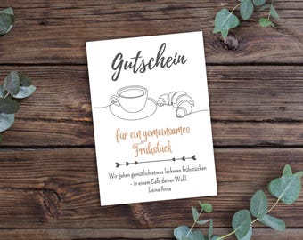 Gutschein zum Ausdrucken, frühstücken gehen, Frühstück, Brunchen gehen, PDF Download, Editierbar, Personalisierbar, Last Minute Geschenk