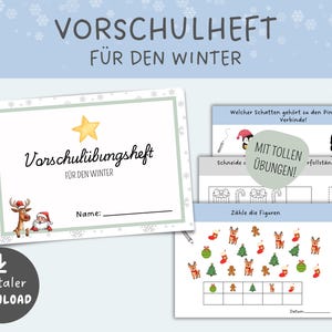 Può includere: Download digitale di un quaderno prescolare con attività a tema invernale. La copertina presenta una stella, una renna e Babbo Natale. All'interno ci sono pagine con esercizi come abbinare ombre e contare figure. Il testo recita "Quaderno prescolare per l'inverno."