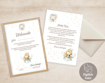 Carta del Hada de los Dientes, regalo del Hada de los Dientes, niña, certificado del Hada de los Dientes, diente perdido, primer hueco entre los dientes, diente de leche perdido, descarga digital