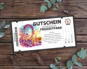 Printable amusement park voucher, roller coaster voucher template, funfair voucher, adventure park voucher, gift voucher