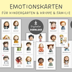 May include: A set of 26 emotion flashcards for children, featuring watercolor illustrations of diverse children expressing various feelings. The cards include German text such as "GELANGWEILT" and "ÜBERFORDERT".