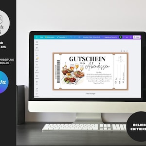 Op de afbeelding: Een computerscherm toont een digitaal cadeaubonontwerp voor een diner. De bon bevat illustraties van eten en drinken, met Duitse tekst. Het ontwerp is bewerkbaar met Canva, formaat 10 x 20 cm.