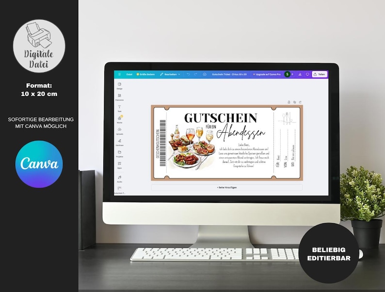 Op de afbeelding: Een computerscherm toont een digitaal cadeaubonontwerp voor een diner. De bon bevat illustraties van eten en drinken, met Duitse tekst. Het ontwerp is bewerkbaar met Canva, formaat 10 x 20 cm.