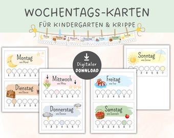 Weekday cards for daycare and nursery - PDF template, weekly schedule for kindergarten, learning the days of the week for children, kindergarten organization