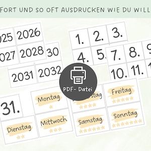 May include: A collection of printable calendar elements, including numbered days, months, and years from 2025 to 2032. The design features a clean, minimalist aesthetic with black text on white backgrounds. The text "SOFORT UND SO OFT AUSDRUCKEN WIE DU WILLST!" is at the top.