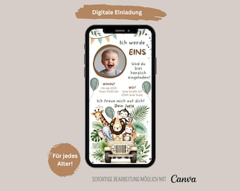 Digital invitation to a children's birthday party with a safari theme, jungle safari party, 1st birthday invitation with photo, invitation card via WhatsApp