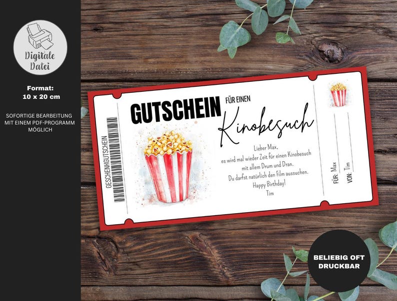 May include: A red and white printable gift certificate for a movie ticket. The certificate features a watercolor illustration of a bucket of popcorn. The text on the certificate reads "Gutschein f&uuml;r einen Kinobesuch".