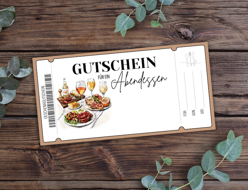 Op de afbeelding: Een cadeaubon voor een diner, met een gedetailleerde illustratie van een maaltijd met wijnglazen en borden met eten. De tekst "GUTSCHEIN f&uuml;r ein Abendessen" wordt in het zwart weergegeven, met ruimte voor ontvanger- en afzenderinformatie.