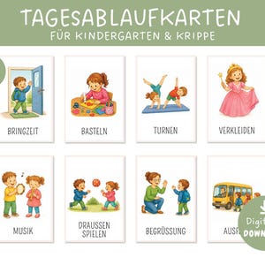 Può includere: Un set di 47 carte educative intitolate TAGESABLAUFKARTEN FÜR KINDERGARTEN & KRIPPE, con illustrazioni colorate di bambini impegnati in attività quotidiane come lavoretti, ginnastica, musica e travestimenti, con etichette in tedesco.