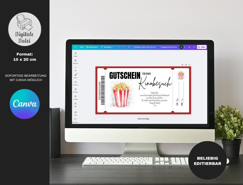 May include: A red and white printable gift certificate for a movie outing. The certificate features a watercolor illustration of a bucket of popcorn. The text on the certificate reads "Gutschein f&uuml;r einen Kinobesuch".