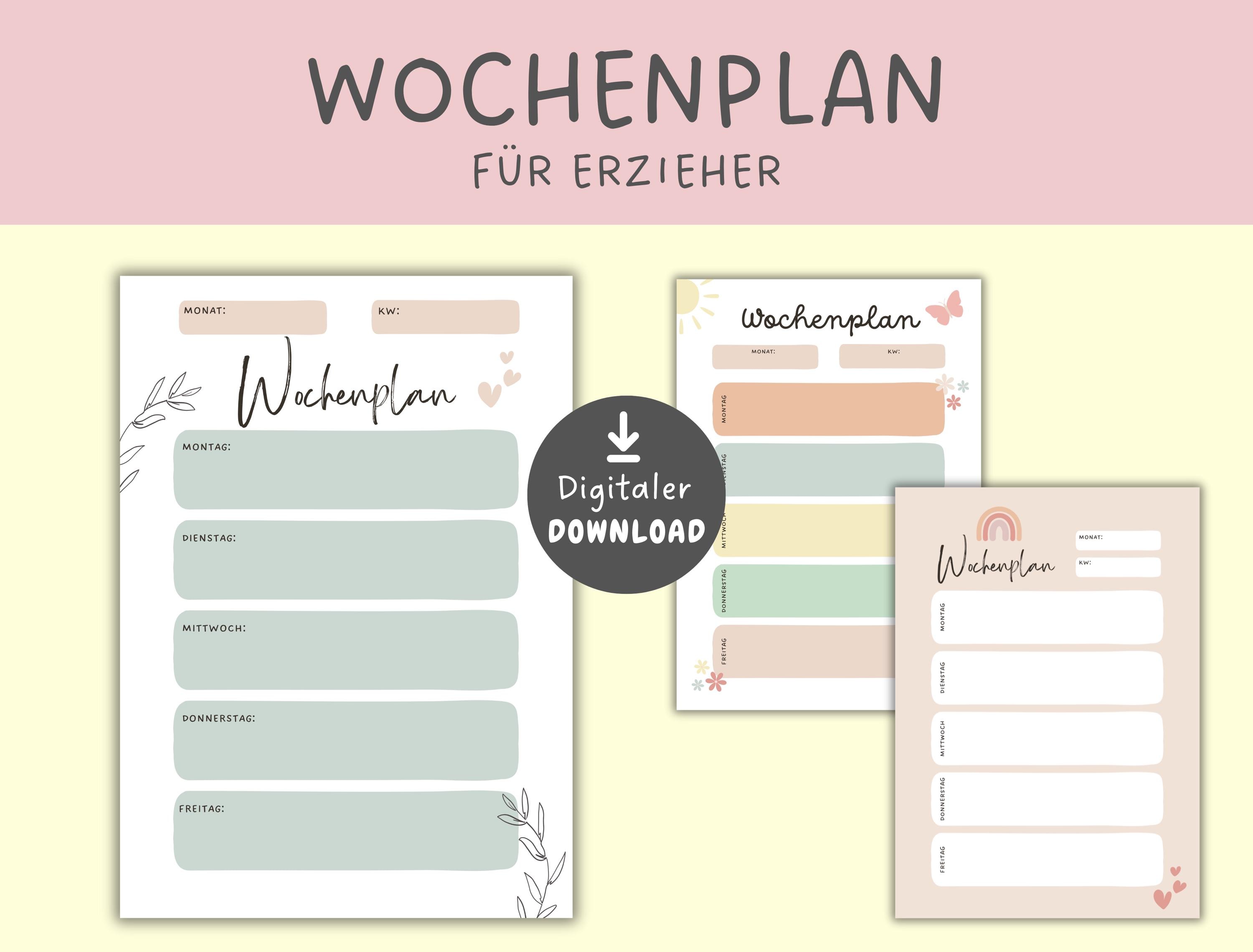 Wochenplan für Erzieher, Kita Wochenübersicht zum Ausdrucken