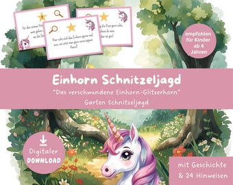 Printable unicorn scavenger hunt, unicorn treasure hunt, children's game for ages 4 and up, garden treasure hunt, children's birthday game