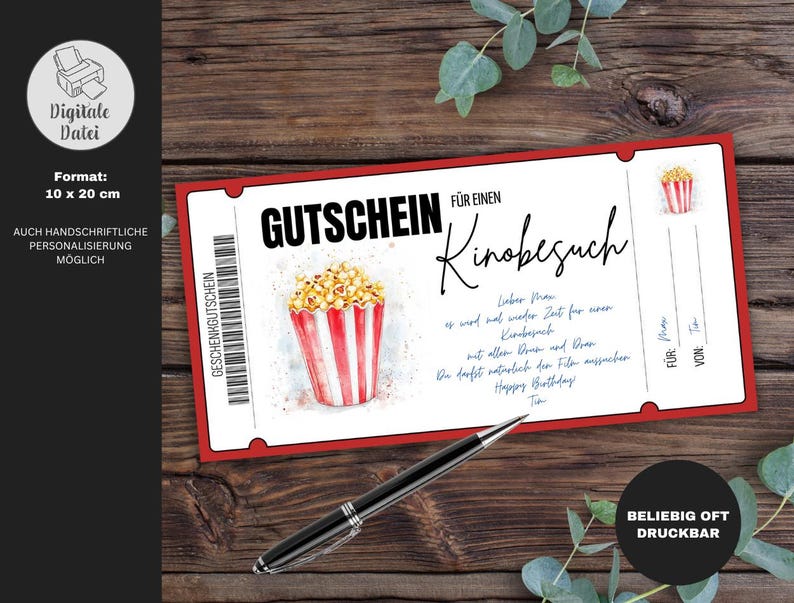 May include: A red and white printable gift certificate for a movie outing. The certificate features a watercolor illustration of a bucket of popcorn. The text on the certificate reads "Gutschein f&uuml;r einen Kinobesuch".
