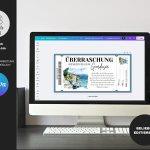 以下が含まれることがあります： コンピューターモニターには、「&Uuml;BERRASCHUNG Wir machen Urlaub am Gardasee」というテキストが表示されたデジタルチケットのデザインが表示されています。 デザインには、湖畔の町の水彩イラストが含まれています。 フォーマットは10 x 20 cmです。