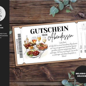 Op de afbeelding: Een cadeaubon voor een diner, met een illustratie van eten en drinken. De bon is rechthoekig, met de tekst "GUTSCHEIN F&Uuml;R EIN Abendessen" en andere Duitse tekst. Het formaat is 10 x 20 cm.
