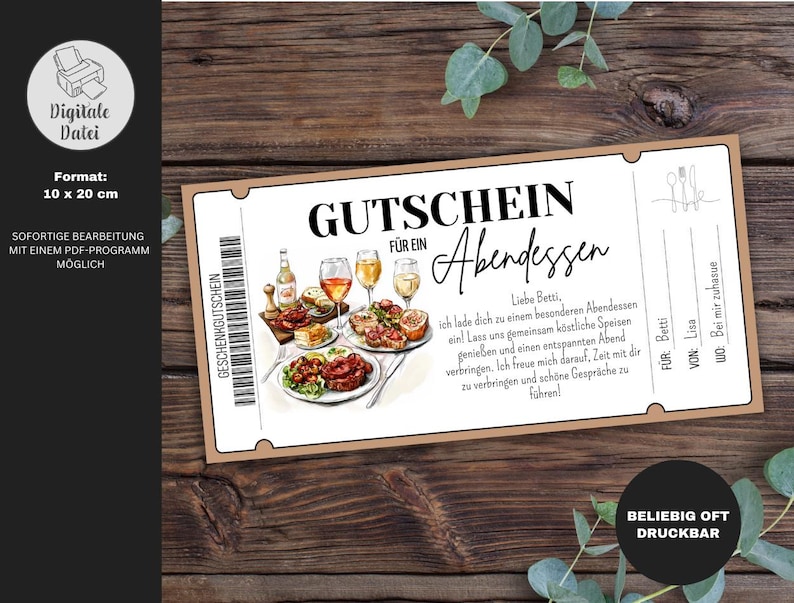 Op de afbeelding: Een cadeaubon voor een diner, met een illustratie van eten en drinken. De bon is rechthoekig, met de tekst "GUTSCHEIN F&Uuml;R EIN Abendessen" en andere Duitse tekst. Het formaat is 10 x 20 cm.