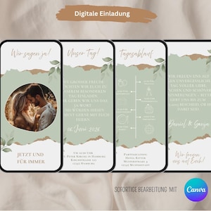 Digitale Einladung zur Hochzeit, Hochzeitseinladung, Wir sagen ja, Einladungskarte WhatsApp, Save The Date, eCard Einladung grün Blätter