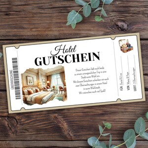 May include: A hotel gift certificate with a watercolor illustration of a hotel room. The text on the certificate reads "Hotel Gutschein" and includes details about the gift, such as the recipient, giver, and value.