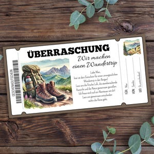 Gutschein Wandern zum Ausdrucken, Geschenkgutschein Wandern Vorlage, Gutscheinvorlage für einen Urlaub in den Bergen, Wanderurlaub
