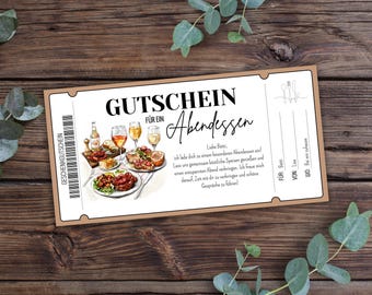 Dinner voucher to print, voucher for eating out, gift voucher for a restaurant, invitation to dinner, voucher template