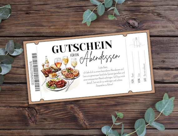 Gutschein Abendessen zum Ausdrucken, Gutschein Essen gehen, Geschenkgutschein Restaurant, Einladung zum Essen, Gutschein Vorlage