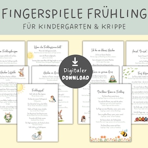 Könnte beinhalten: Eine Sammlung von druckbaren Frühlings-Finger-Spielkarten für Kinder. Die Karten zeigen farbenfrohe Illustrationen von Blumen, Tieren und Frühlingsszenen mit deutschem Text. Die Karten sind für Kindergärten und Krippen konzipiert.