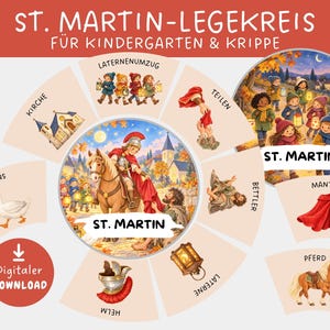 May include: A circular educational learning wheel titled ST. MARTIN-LEGEKREIS FÜR KINDERGARTEN & KRIPPE featuring illustrations of St. Martin, a horse, a beggar, a lantern, a helmet, a cloak, a goose, a church, and a lantern procession.