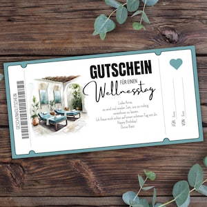 Voucher de dia de bem-estar para imprimir, vale de bem-estar, banho termal, intervalo, personalizável, modelo de vale-presente, fim de semana no spa