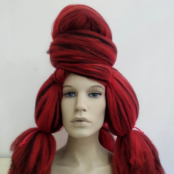 Avant-Garde Red and Black Textured Wig - Dramatic Updo with Braided Accents for Drag, Cosplay, and Theatrical Performance