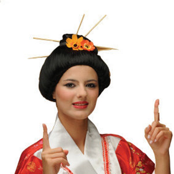 Japanese Geisha  Authentic Black Costume Wig. Size Customizable. Wooden Stick and Flowers Included.