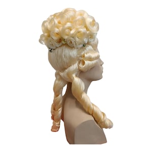 Blonde Marie Antoinette High Bouffant Period Wig  | Rococo Wig with Elegant Curls and Braids and Flowers