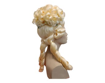Blonde Marie Antoinette High Bouffant Period Wig  | Rococo Wig with Elegant Curls and Braids and Flowers