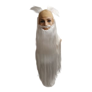 Op de afbeelding: Witte lange baard en snor kostuum accessoire. De baard is lang en vloeiend, met een witte kleur.