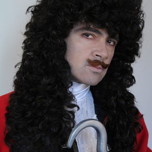 May include: A man dressed as Captain Hook from the movie Peter Pan. He is wearing a red and black costume with a white shirt and a black wig. He is holding a silver hook in his right hand.